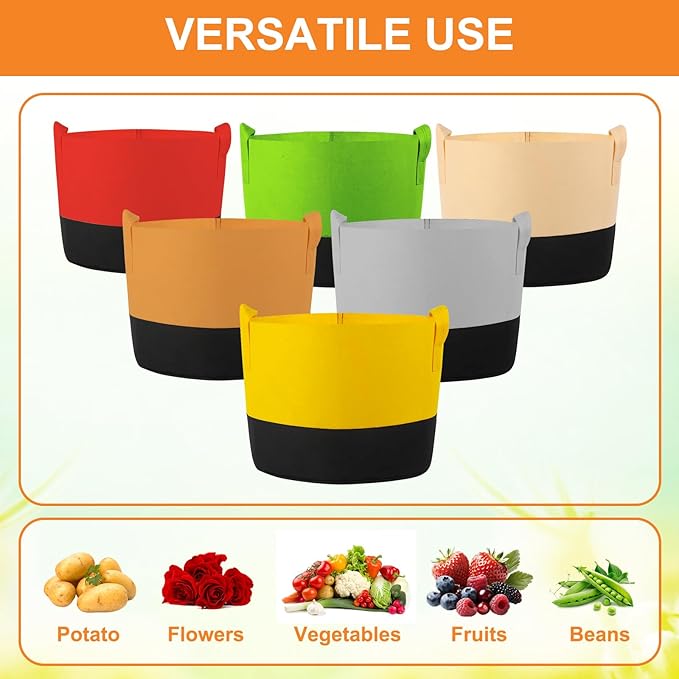 12 Pack Mixed Size Grow Bags, Colorful Fabric Plant Pots with Handles Nonwoven Potato Grow Bags Plant Growing Containers for Garden Fruit Vegetable Flower Indoor Outdoor (5/7/10 Gal)