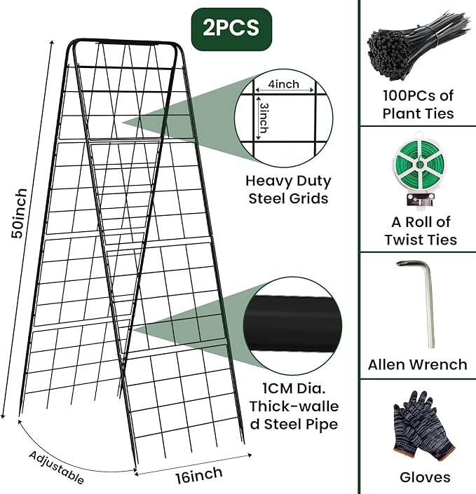 A-Frame Cucumber Trellis for Raised Bed, 50"x 16" Adjustable Heavy Duty Metal Garden Trellis for Climbing Plants Outdoor, Plant Support for Tomatoes Pea Bean Grape Vining Vegetables (2 Pack)