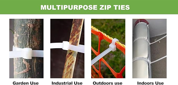 NIRAH White Zip Ties 8 inch (100 Pack), 18 lbs Tensile Strength. Self-locking Nylon Cable Ties, Wire Ties, Clear Zip Ties for Indoors, Outdoors, Dry or Wet Use
