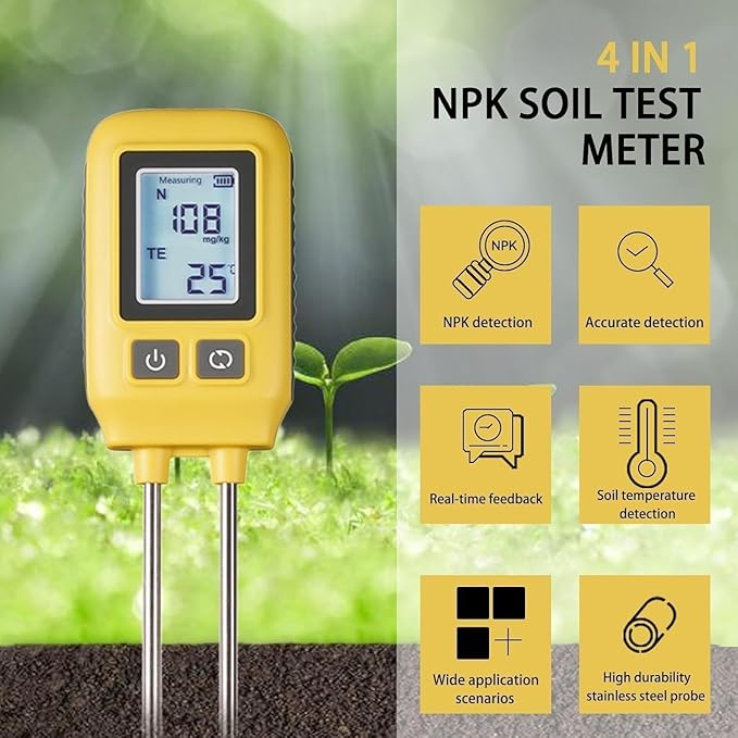 4 in 1 Npk Soil Tester, High Accuracy LCD Digital Soil Temperature Tester, Nitrogen Phosphorus Potassium & Temperature Measurement, for Garden Nutrients Lawn Plant Care Farm. ﻿