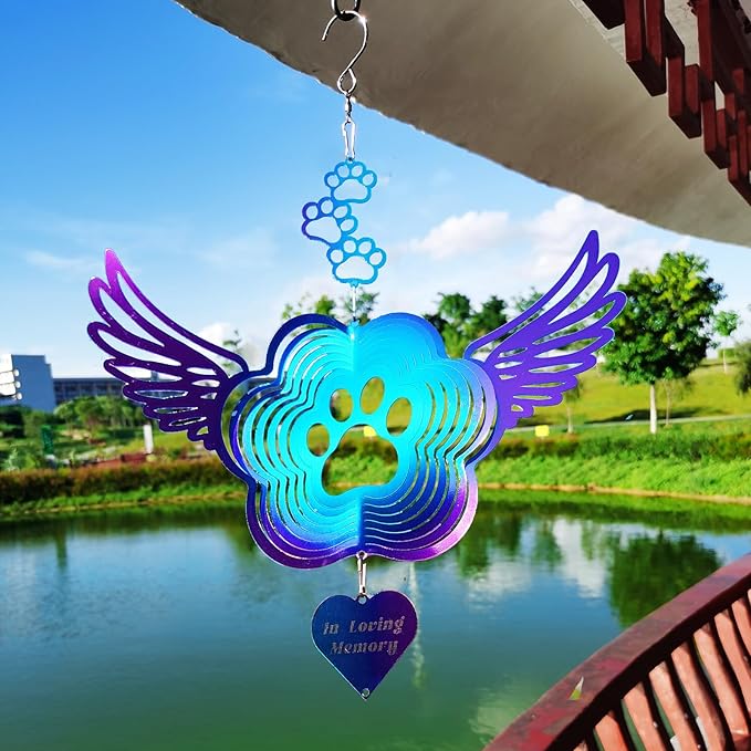 Pet Memorial Wind Spinners, Cat Memorial Gifts,Stainless Steel Angel Wings Pet Paw Print,Dogs and Cats Remembrance, Pet Sympathy,Pet Loss Bereavement Gifts