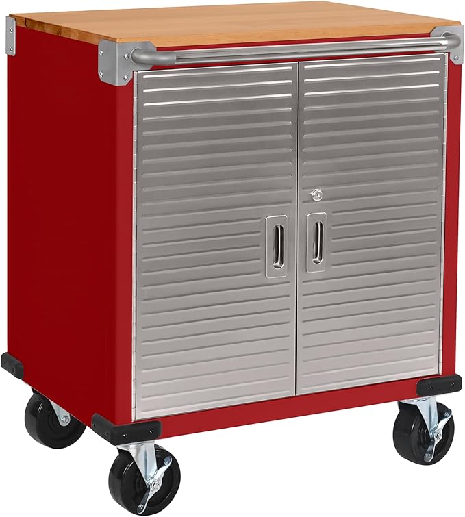 Seville Classics UltraHD Heavy Duty Rolling Cabinet Workbench Table w/Solid Wood Top, Workstation for Garage, Office, Workshop, Red, 2-Door (28" W x 18" D)
