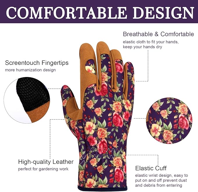 Leather Gardening Gloves for Women Thorn Proof Garden Gloves Touch Screen Working Gloves Gifts,M