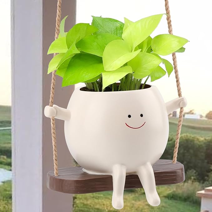 Large Size Swing Face Hanging Planter Pot for Indoor Outdoor Plants, Cute Swinging Plant Pot, Hanging Flower Pots, Face Planter Pot Head, Resin Succulent Planter, Birthday Gifts