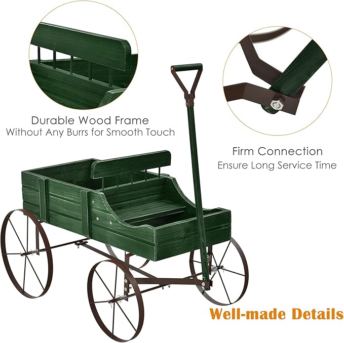 Goplus Wagon Planter, Decorative Wooden Garden Planter with Wheels, 2 Planting Sections and Adjustable Handle, Indoor Outdoor Backyard Balcony Decor (Green)
