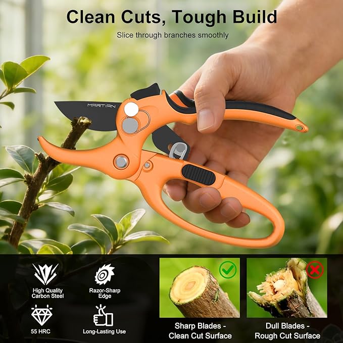 8” Detachable Blade Pruning Shears – Heavy‑Duty Japanese SK5 High Carbon Steel, Self‑Locking Safety, Ergonomic Non‑Slip Grip for Pruning, Tree Trimming, Shrubs, Wood Cutting