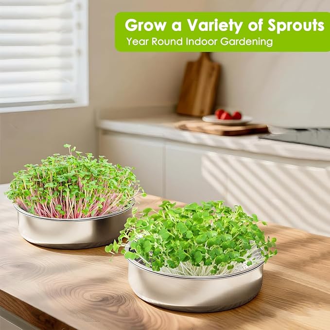 FANHAO 2 Pack Stainless Steel Seed Sprouter Trays, Food-Grade Microgreens Growing Tray, Soil-Free Cultivation Germination Tray for Indoor or Outdoor Sprouting Seeds, Grow Grass, Beans (Without Lids)