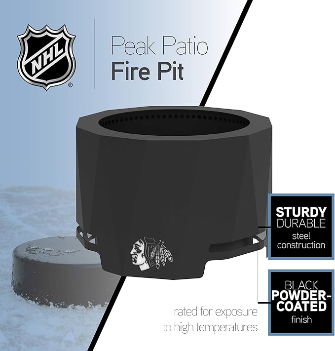 Blue Sky Outdoor Living NHL Edmonton Oilers 24” Steel Peak Patio Smokeless Fire Pit with Spark Screen Kit, Firewood and/or Wood Pellet Burning