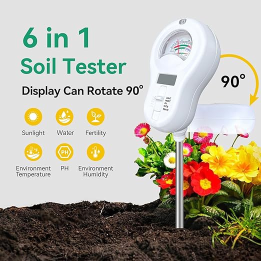6 in 1 Soil Tester, Digital Soil pH Sunlight Water Fertility Temperature Humidity Meter, with 3 Replaceable Probes, for Garden Farm Home Plant Care