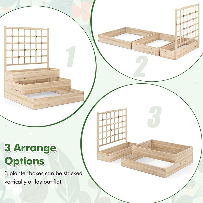 HAPPYGRILL 3-Tier Raised Garden Bed, Wooden Planter with Trellis & Open-Ended Base for Patio Yard Lawn, Outdoor Planter Boxes for Climbing Plants Vines Flower Herb Vegetable Fruit, 44” x 45” x 56”