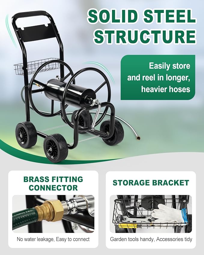 Outvita Garden Hose Reel Cart, Lawn Water Planting Cart with Wheels, Heavy Duty Outdoor Yard Water Planting Truck Holds 300-Feet of 5/8-Inch Hose with Storage Basket for Patio Farm(Black)