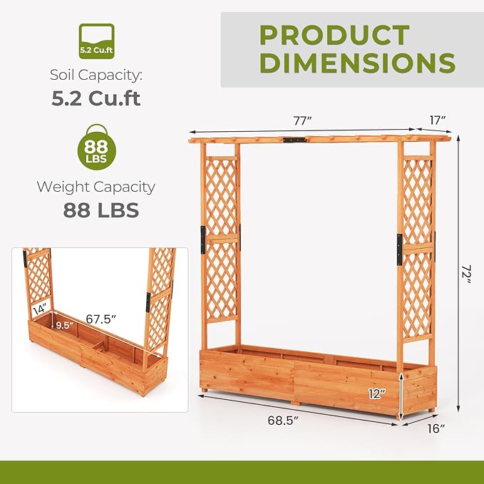 HAPPYGRILL Raised Garden Bed with Trellis, Freestanding Wood Planter Box w/Hanging Roof & Drainage Holes for Vine, Climbing Plants, Flowers, Outdoor Planter with Trellis for Garden, Patio, Yard (1)