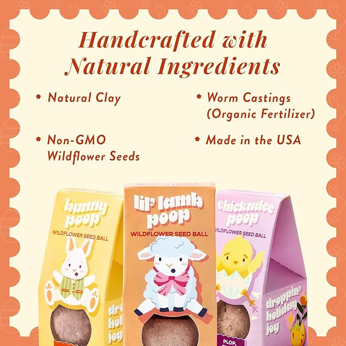 Modern Sprout Wildflower Seed Ball Poop - Easter Basket Essentials - Non-GMO Hand-Rolled Clay Seed Bombs with Wildflower Seeds - Gardening Gift Set for Kids & Adults - (Easter Plop - Pack of 3)