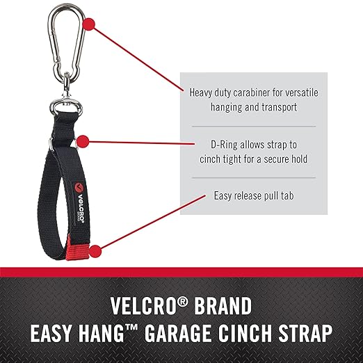 VELCRO 30 in. x 1-1/2 in. Easy Hang Cinch Strap, Bundling Strap with Carabiner in Black Hook and Loop (1-Pack) VEL-30803-USA