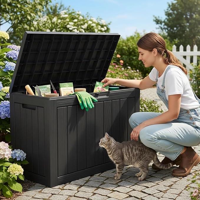 45 Gallon Deck Box, Small Outdoor Storage Box Waterproof, Outside Resin Storage Bin for Outdoor Patio Furniture Pillow, Pool Supply, Garden Tool, UV-Resistant and Weatherproof, Black