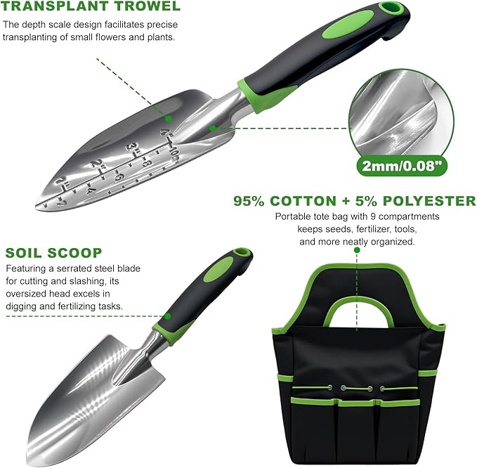 11-Piece Outdoor Gardening Tool Set, Suitable for Women, Seniors, and Left-Handed Users, Includes Tree pruners, Hand rakes, and a Watering can with Green Non-Slip Handles. (Gray)