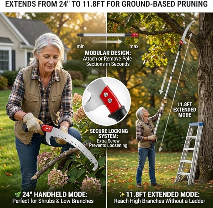RISETEX Pole Saws for Tree Trimming 11.8 FT, Manual Pruning Saw with Manganese Steel Blade, Long Reach Branch Cutter Pole Pruner, Lightweight Tree Trimmer for Yard Garden Forestry