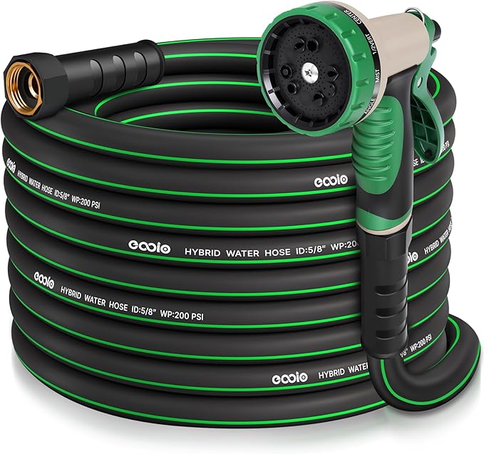 Heavy Duty Garden Hose 50 ft, NON-EXPANDABLE Water Hose with 10 Function Spray Nozzle, Lightweight Kink-less Hybrid Hose with Swivel Handle, Male to Female Fittings