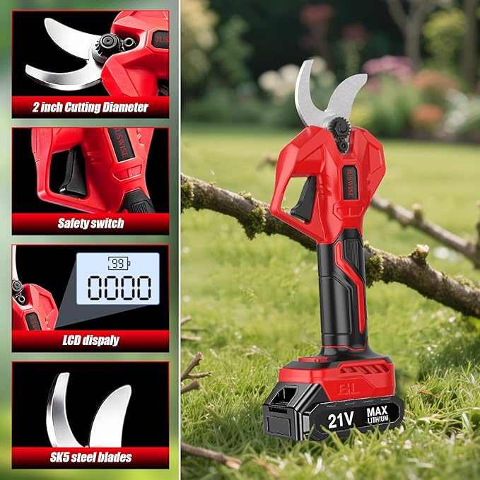 Electric Pruning Shears, 2 inch (50mm) Cutting Diameter Electric Pruner with LCD Display 2 * 2.0Ah Batteries Brushless Cordless Garden Shears for Branch, Fruit, Yard and Tree Trimming