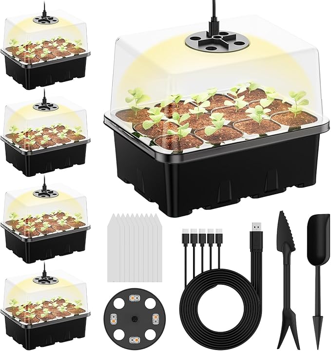 NBPLUS Seed Starter Tray with Grow Light, 5 Pack 60 Cells Seed Starter kit with Humidity Dome and Base, Plant Seedling Trays Indoor Greenhouse Gardening (Black 5 Pack)