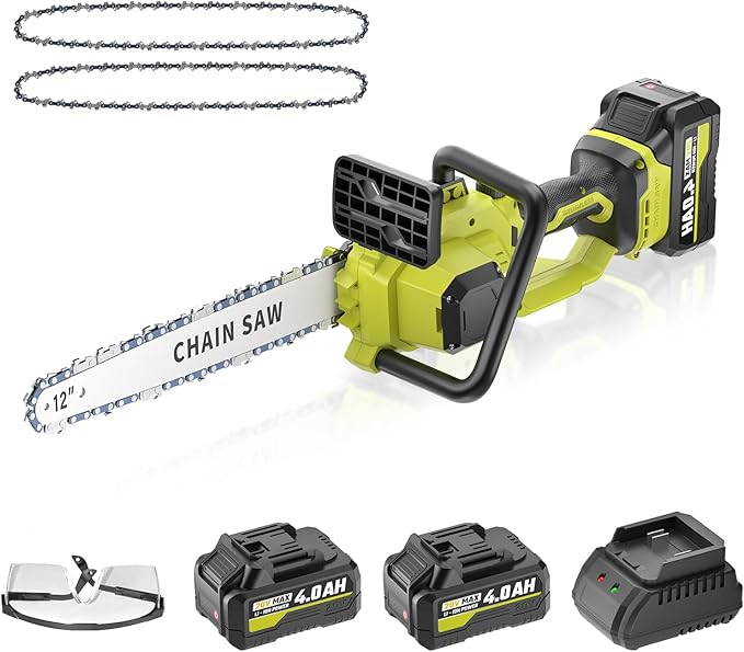 12 In Electric Chainsaw Cordless, 20V Battery Chain Saw with 2x4.0Ah Li-ion Batteries, 2 x Chains, with Tool-free Chain Tension, Auto Oiling for Wood Cutting, Tree Trimming and Branch Pruning