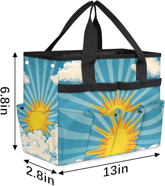 Garden Tool Bag Organizer Garden Tote Bag with Pockets Golden Sunshine Clouds Tool Storage Organizer Gardening Tool Kit Holder 13" x 6.8" x 2.8"
