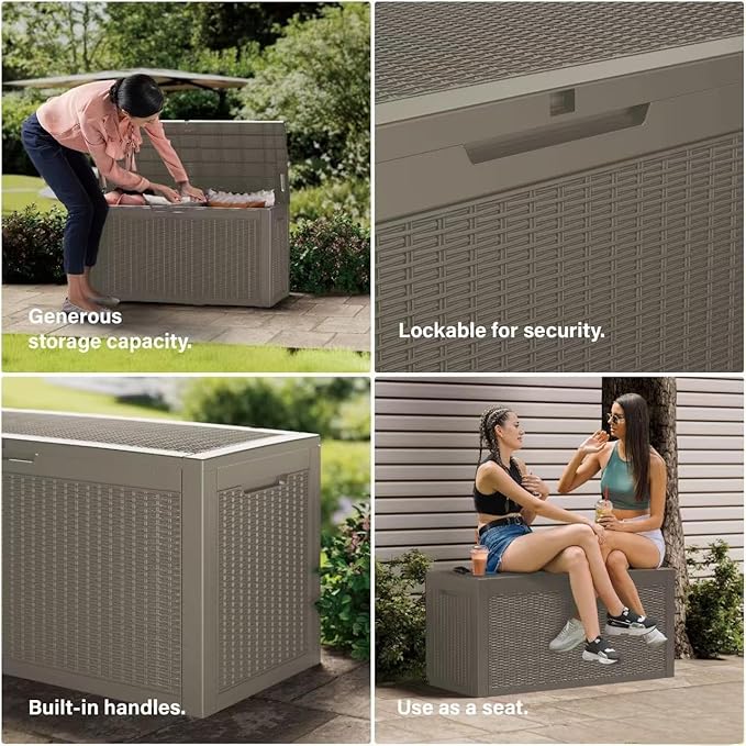 Outdoor Storage Box Waterproof, 150 Gallon Lockable Resin Deck Box Large, Patio Storage Bin for Pool Accessories Cushion Furniture, Garden Tools, UV-Resistant Outside Delivery Grey