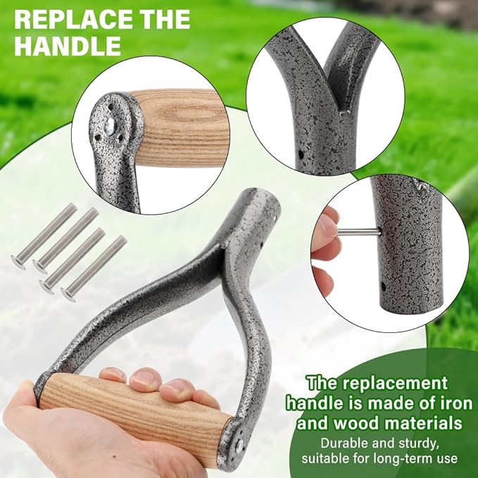 Shovel D Grip Handle, 32mm Inner Diameter Metal Shovel Replacement Handle with Wooden Grip Spade Snow Scoop Digging Raking Tools with 4 Rivets for Digging Raking