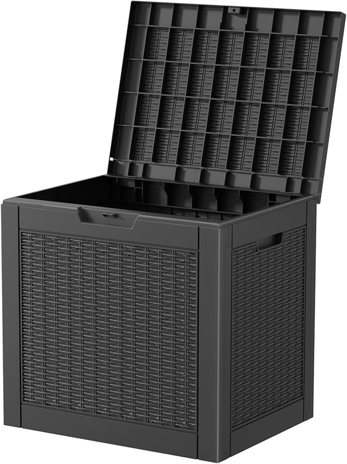 Vixzen 31 Gallon Resin Deck Box - Lockable Outdoor Storage for Patio Cushions, Garden Tools, Pool Supplies（Black，31 Gallon）