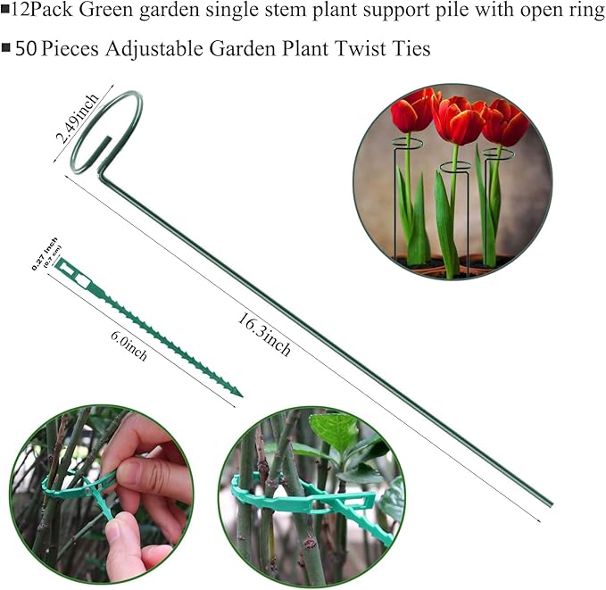 12 Pack Plant Stake Support, Garden Single Stem Support Stake Plant Cage Support Rings, Single Stem Plant Support Stakes, for Tomatoes, Peony, Lily, Rose, Flowers Amaryllis