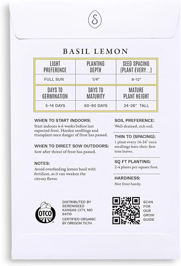 Sereniseed Certified Organic Lemon Basil Seeds – Non GMO, Heirloom – Seed Starting Video – Seeds for Indoor and Outdoor Planting (Ocimum americanum)
