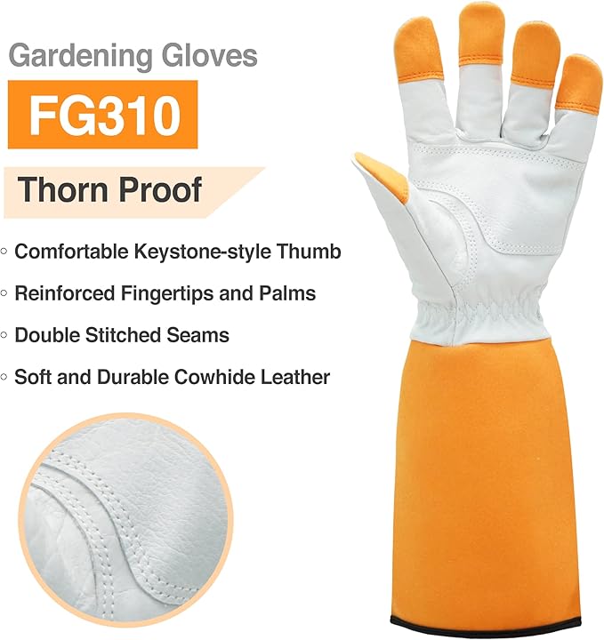 DEX FIT FG310 Gardening Gloves for Women & Men, Long Thorn Proof Leather Sleeves Protection, Comfortable, Durable for Cactus, Rose Bush Pruning and Garden and Yard Work; Orange XL (10) 1 Pair