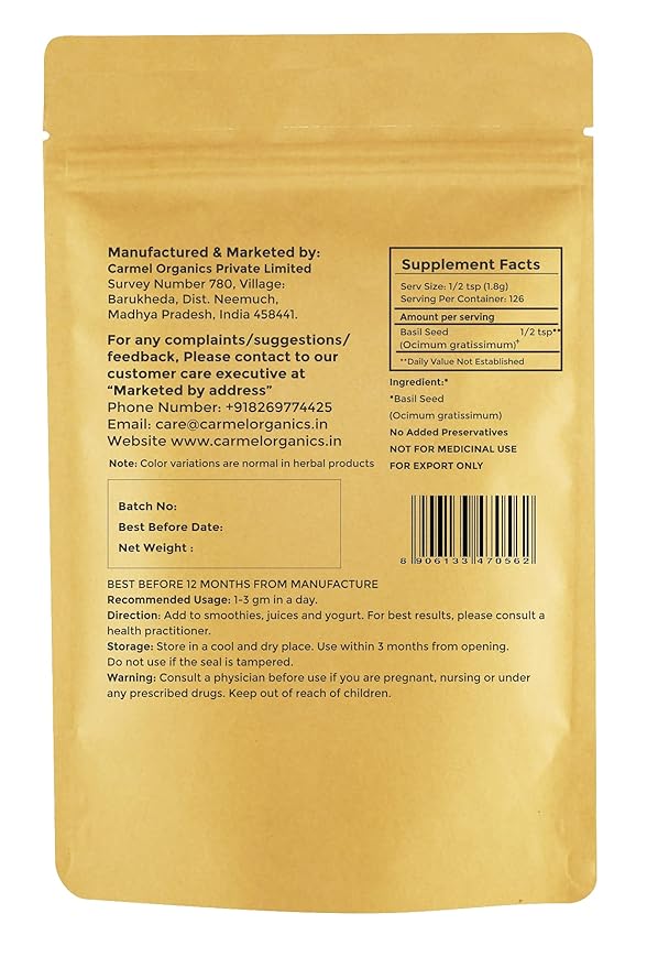 Edible Basil Seeds. | 24 Ounce or 1.5 Lb/680 grams | Tukmaria Sabja Seeds| Rich in Fibers | Add to Smoothies | Non GMO | Keto + non Gluten | Natural | By Carmel Organics