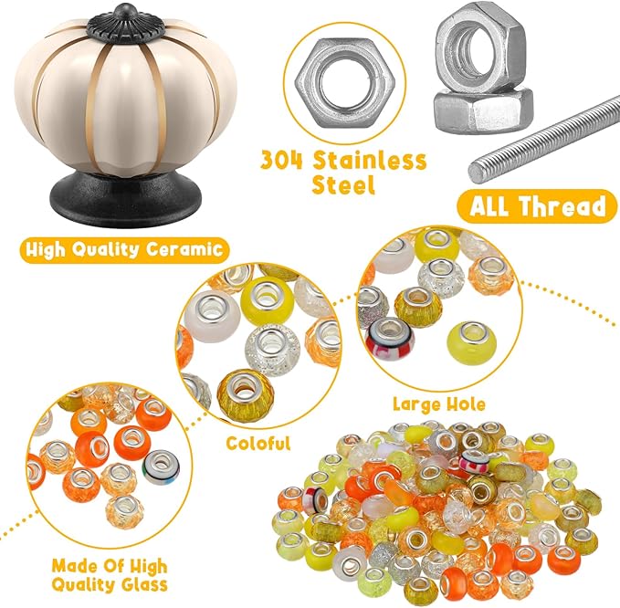 Tigeen 236 Pcs Garden Stake DIY Fairy Wand Plant Stake with 12 Colorful Crystal Stopper Top 12 Threaded Rod with 200 Large Hole Bead for Spring Summer Holiday Outdoor Decorations(Autumn Pumpkin)