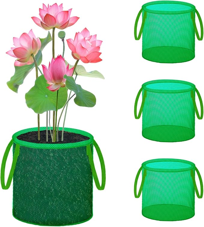 Pond Planting Bags with Handles, Aquatic Pond Lily Planter Reusable Water Gardens Plant Mesh Pots Green Round Pond Plant Basket for Aquatic, Marsh, Bog, Garden, Terrestrial Plants (4 Pcs)