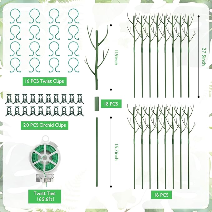 16 Pack Stackable Monstera Plant Support, 27.5 Inch Climbing Plants Support Structures for Indoor Outdoor Plants, 20 Orchid Clips & 16 Twist Clips & 65.5ft Twist Ties