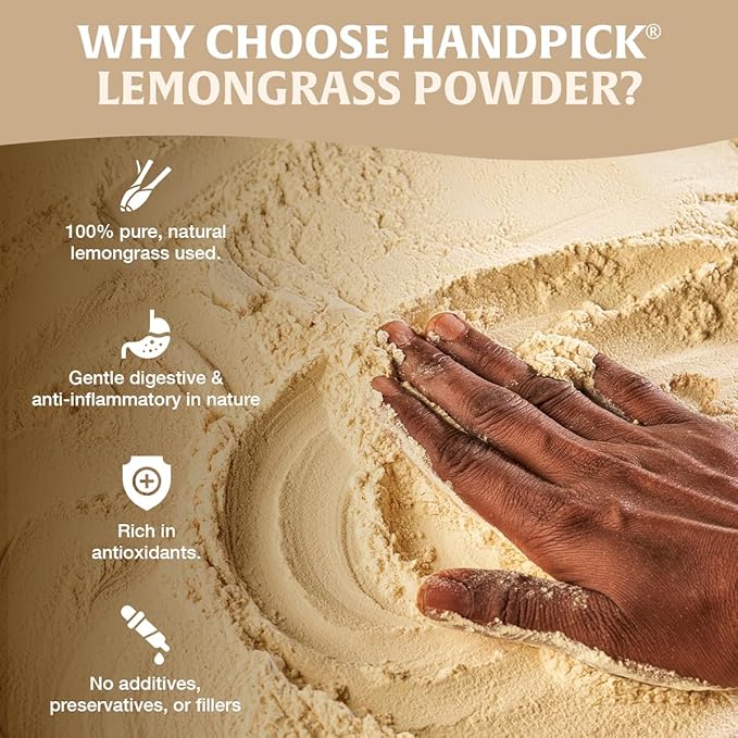 HANDPICK Lemongrass Powder (226g/8oz) Non GMO, Gluten Free, 100% Raw, Sourced from India, For Cooking, Smoothies, Tea, Packed in Resealable Ziplock Pouch