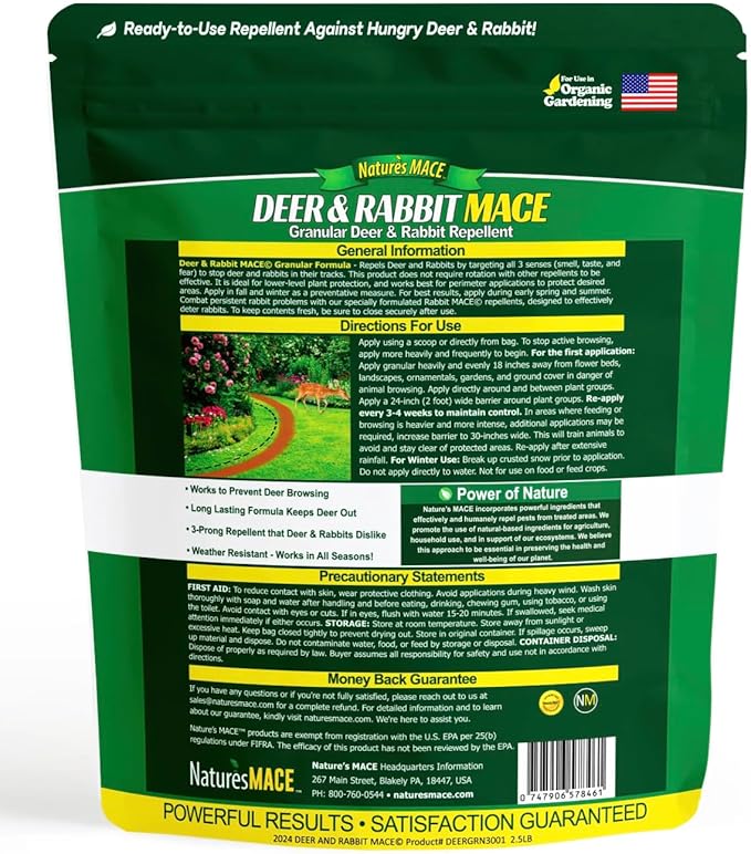 Nature's Mace Deer & Rabbit 2.5 Pound Granules, Deer Repellent for Plants, Repel Deer from Your Garden, Flowers, Yard, Protect Plants Fast, Deer Deterrent, Create a Deer Free Barrier, Pet & Plant Safe
