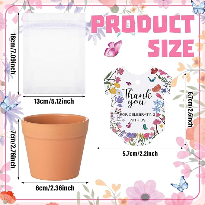Ctosree 50 Sets Wildflower Baby in Bloom Baby Shower Seed Packets Favors for Guests Include Self Adhesive Seed Packets (No Seeds) Clay Plastic Flowerpot Thank You Tags Hemp Rope Organza Gift Bags
