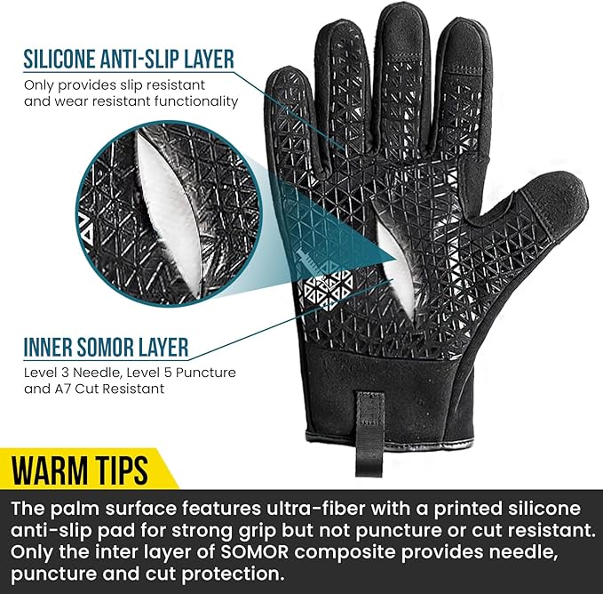 TAILI Level 3 Needle, Level 5 Puncture Resistant Men Work Gloves, Grip Enhanced A7 Cut Resistant Safety Gloves, Touchscreen and Breathable, Black, Large (L), 1 Pair
