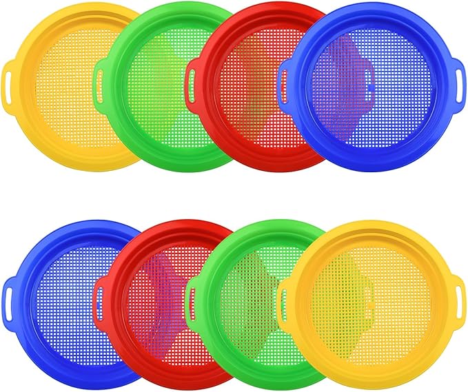 Sand Sifters Sieve for The Beach Sand Toys (Red, Blue, Yellow & Green) Complete Gift Set Bundle-8 Pack(8.75x 9.75in)
