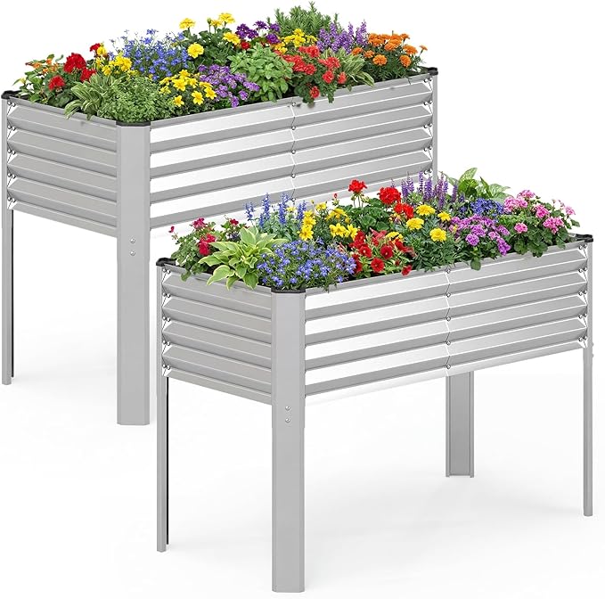 Giantex Galvanized Raised Garden Bed with Legs Set 2, 46"x24"x31" Metal Elevated Planter Box for Gardening Vegetables, Flowers & Fruits, Large Outdoor Planting Box for Garden Backyard & Patio, Silver
