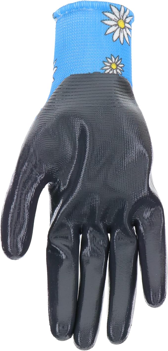 Mud Grip Women's Daisy Printed Polyester Shell and Flat Nitrile Coated Palm Gardening Gloves,