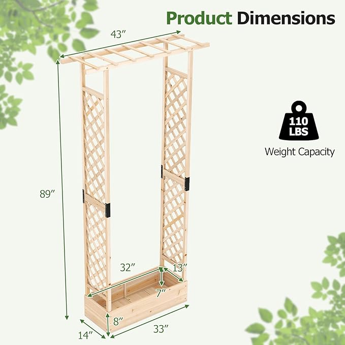 HAPPYGRILL 89" Raised Garden Bed with Trellis & Hanging Roof, Wooden Planter Box with 4 Drainage Holes, Outdoor Wood Elevated Garden Bed for Climbing Plants Vines Vegetables Flowers (Natural,2)