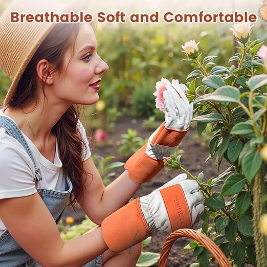 Gardening Gloves, Long Thorn Proof Garden Gloves for Women and Men, Goatskin Breathable Leather Work Gloves for Gardening, Pruning, Yard Work, Brown, M