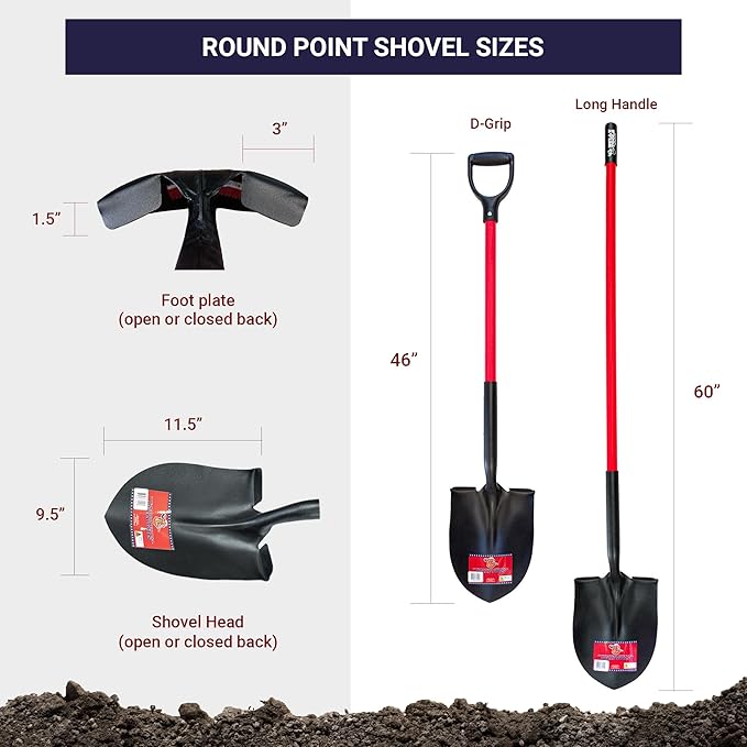 Bully Tools Round Point Heavy Duty Shovel - 14-Gauge Fiberglass Long Handle, Strong Metal Construction, Ideal for Gardening, Digging and Landscaping, Square and Flat Head Design - 100% Made in the USA