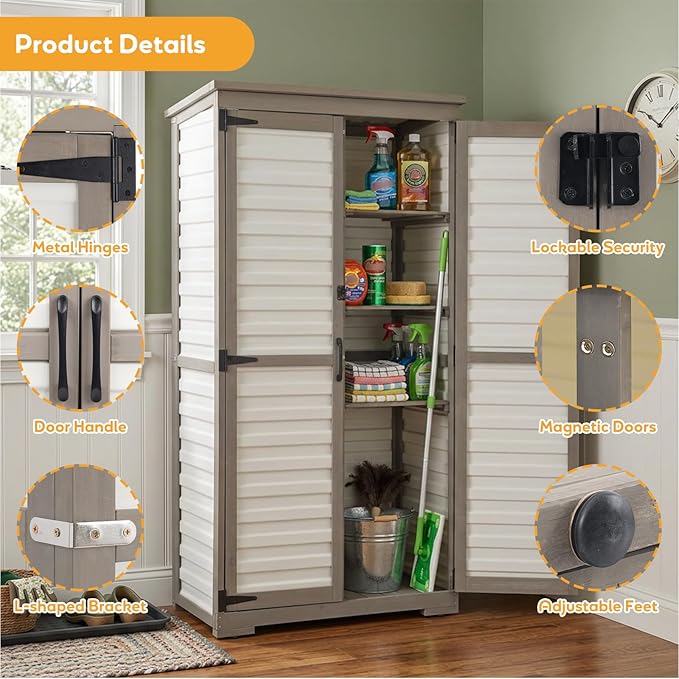 PetsCosset Outdoor Storage Cabinet with Shelves, Wood & Plastic Garden Shed, Weatherproof Outside Tool Cabinet for Patio, Backyard, Pool
