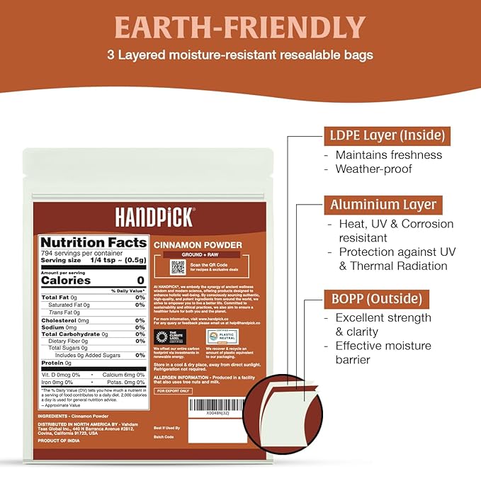 HANDPICK, Cinnamon Powder (397g/14oz) Non GMO, Gluten Free, 100% Raw, Sourced from South India, For Cooking, Smoothies, Lattes, Tea, Packed in Resealable Ziplock Pouch