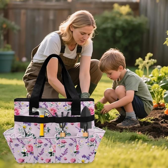 Rose Daisy Garden Tool Bag Portable Gardening Tool Organizer Bag with 10 Pockets and Handle Tool Carrier and Storage for Garden Lawn Yard Casual Camp