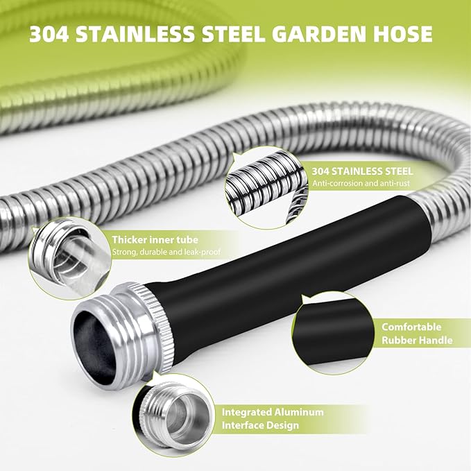 15FT Hose, 304 Stainless Steel Garden Hose Metal, Heavy Duty Water Pipe with Nozzles for Yard, Outdoor，Never Kink & Tangle